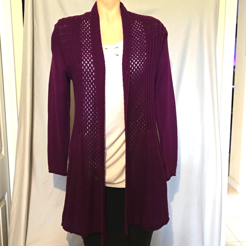 Open knit eggplant cardigan sweater, NEW